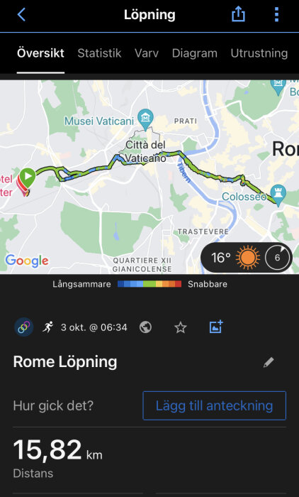 Skärmdump av löparapp med karta, Rom, distans 15,82 km, väderinformation, löprutt markerad.