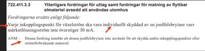 Svensk text om elektriska fordringar för utomhusbruk, inkluderar jordfelsbrytare och strömbegränsningar.