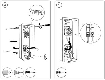 Instruktionsbilder, montageprocess, teknisk enhet, pilar visar riktning, steg 4 och 5, svartvit, symboler, detaljerad.