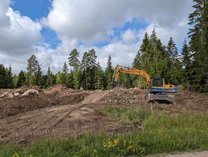 Grävmaskin på ett skogsavverkat område, molnig himmel, jordhögar och grönt gräs.