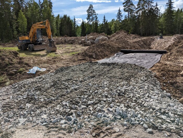 Grävmaskin på byggarbetsplats, grushög, skog, molnig himmel, markduk, grävningsarbete.