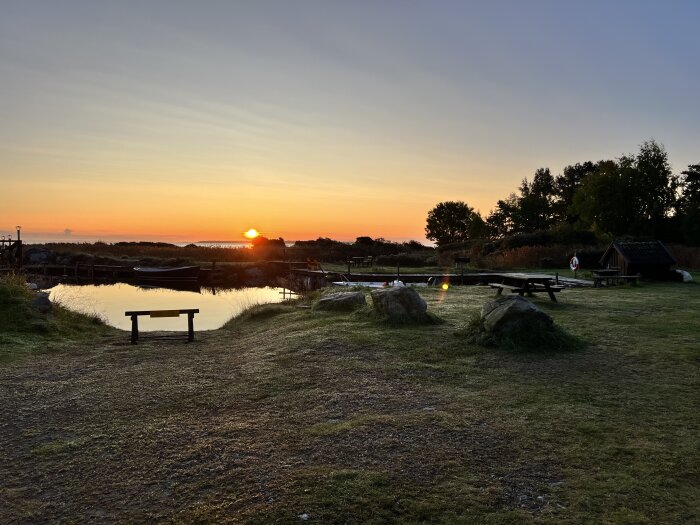 Soluppgång över en fridfull båthamn med lugnt vatten, färgrik himmel, bänk i förgrunden, träd och buskar.