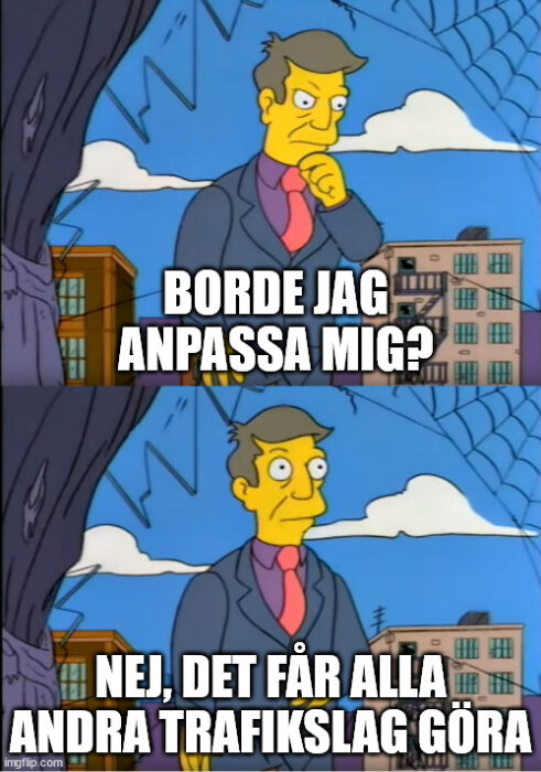 Animerad karaktär funderar, text speglar inre dialog om anpassning, humoristiskt, meme-format, "The Simpsons"-stil.