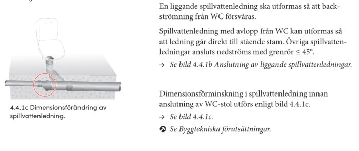 Teknisk illustration som visar dimensionsförändring i en spillvattenledning kopplad till en toalett.