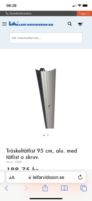 Aluminium tröskellist, 95 cm, med skruv, visas på en webbsida för en butik.