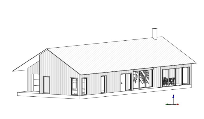 3D-ritning av ett enplanshus med sadeltak, stora fönster, och skorsten.