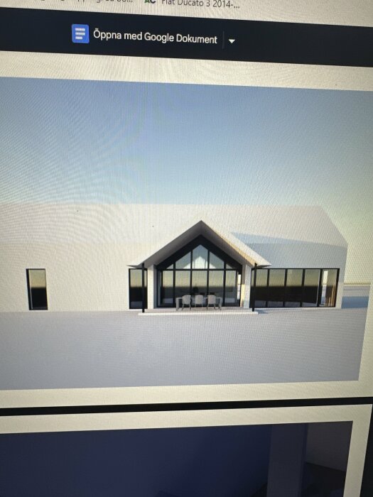 Modern villa, stora fönster, minimalistisk design, datorskärm, Google Dokument banner upptill.