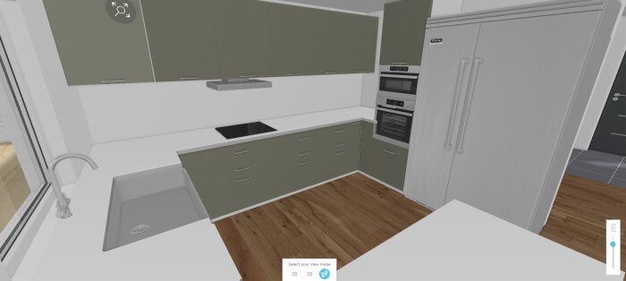 Modernt kök i 3D-design med trägolv, gråa skåp, vita bänkskivor, och inbyggda vitvaror.