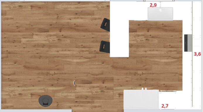Topvy av ett rum med möblering, måttangivelser och trägolv. Grafisk ritning eller planlösning.