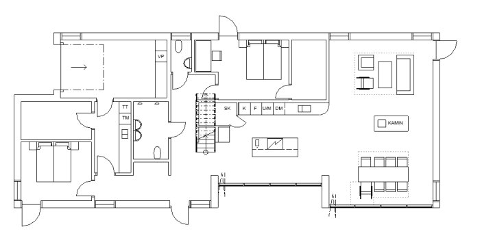 Arkitektritning av en lägenhetsplan, innehåller vardagsrum, kök, sovrum och badrum.