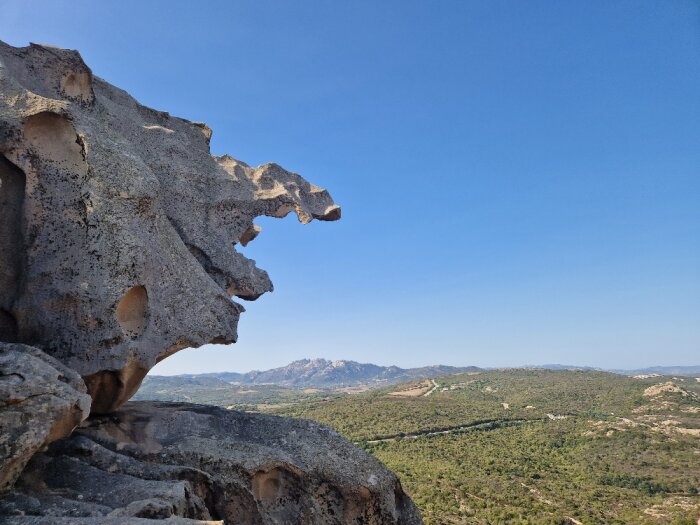 Erosionsformad klippa som liknar ett djurhuvud, blå himmel, berg och vegetation i bakgrunden.
