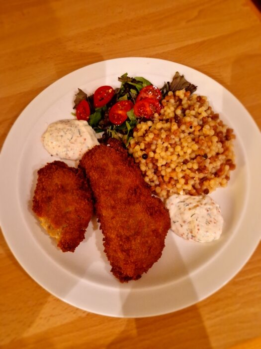 Två panerade kycklingfiléer, sallat med körsbärstomater, sädessallad, kryddig sås, på vit tallrik.