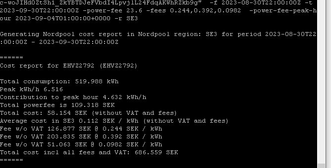 Textbaserad rapport om elförbrukning och kostnader, inkluderar kWh, kostnader i SEK, och moms.