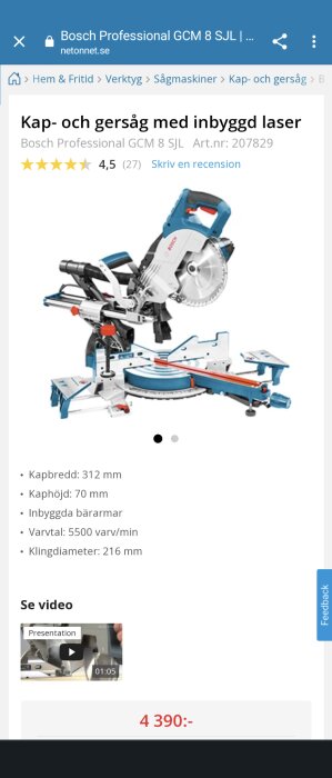 Bosch kap- och gersåg, inbyggd laser, produktbild, specifikationer, kundrecensioner, onlinebutik, prisangivelse.