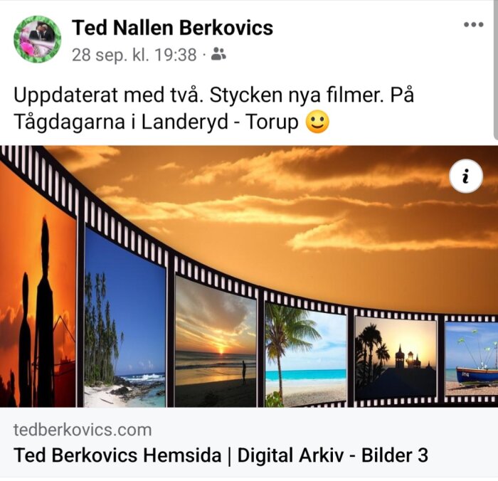 Filmrullar visar landskap, solnedgång, strand, palmer och båt; skärmdump från social media.