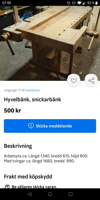 Begagnad snickarbänk till salu. Traditionellt utseende, aktivt använd, med två skruvstäd. Prissatt 500 kr. Säljes i Karlskrona.