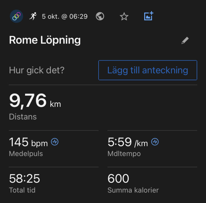 Skärmdump från aktivitetsspårare visar löpstats: distans 9,76 km, medelpuls 145 bpm, 58:25 min totalt, 600 kalorier.