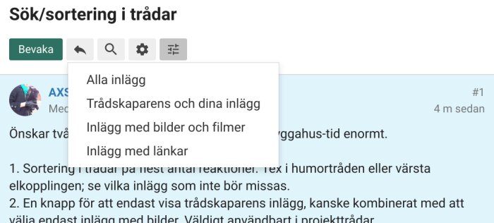 Skärmdump av ett webbforum med diskussionstråd och filtreringsalternativ för inlägg.