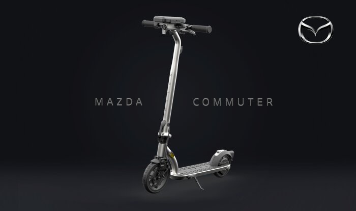 Mazda elektrisk sparkcykel på mörk bakgrund, koncept för pendlarfordon, modernt och elegant design.