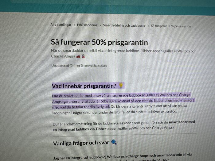 Skärmdump på en webbsida som behandlar 50% prisgaranti för smartladdning av elbil.