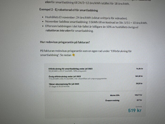 Skärmbild av dokument om elanvändning, prissättning, och exempel på fakturapostering. Total summa är 519 kr.