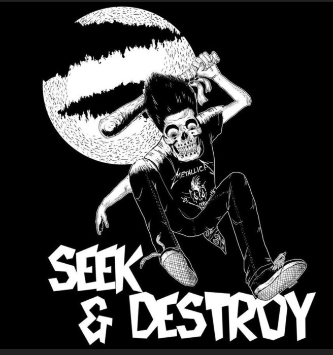 Skeletthuvud, skateboard, Metallica-T-shirt, måne i bakgrunden, "Seek & Destroy" text, svartvit.
