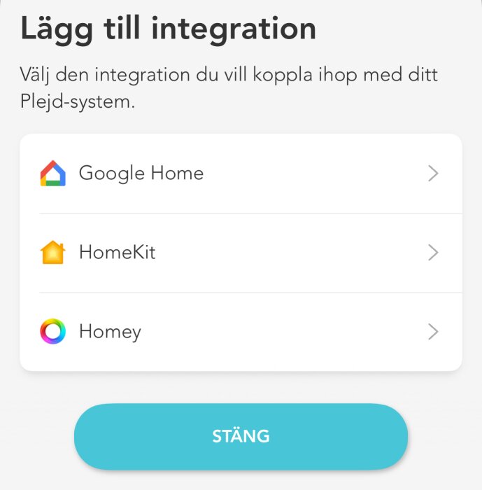 Skärm för att lägga till smart hem-integration (Google Home, HomeKit, Homey) i en app.