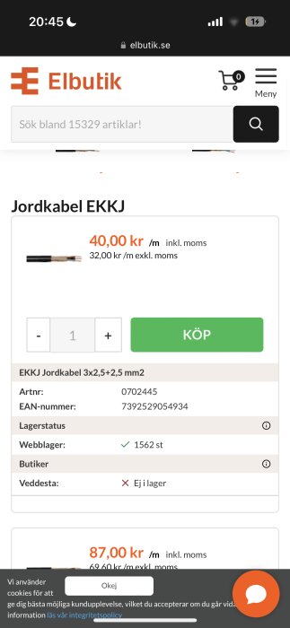 En skärmdump från en webbshop som visar en jordkabel, med pris, lagerstatus, och sökfält.