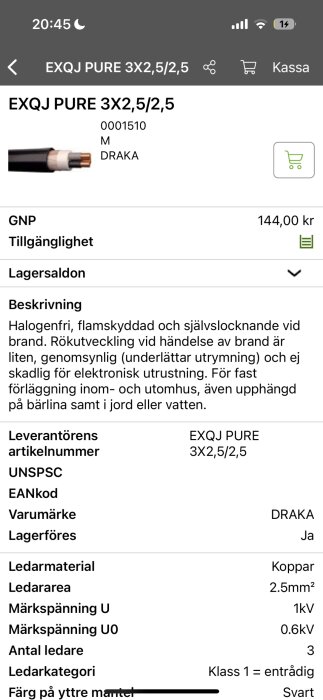 Skärmdump av en produktvisning med beskrivning av halogenfri och flamskyddad elektrisk kabel EXQJ PURE från Draka.