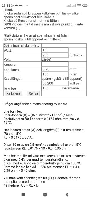 Skärmdump av kalkylator för spänningsfall, instruktioner, och elektriska formler på svenska.