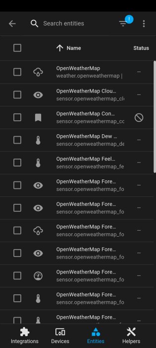 Skärmdump av en enhetslista i en hemautomationsapp med flera OpenWeatherMap sensorer.