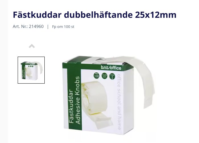 Förpackning med dubbelhäftande fästkuddar, 100 stycken, 25x12 millimeter, kontorsmaterial.