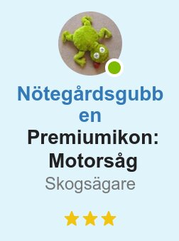 Ikon av en grön tecknad figur, titel "Nötegårdsgubb", beskrivning "Premiumikon: Motorsåg", fyra gula stjärnor nedanför.