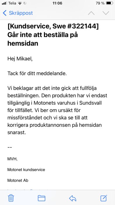 E-postmeddelande från kundservice angående problem att beställa en produkt på hemsidan, markerat som skräppost.