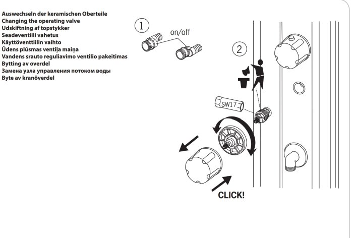 Instruktionsbild för byte av ventildel i kran, inklusive moment av skruvande och instick.