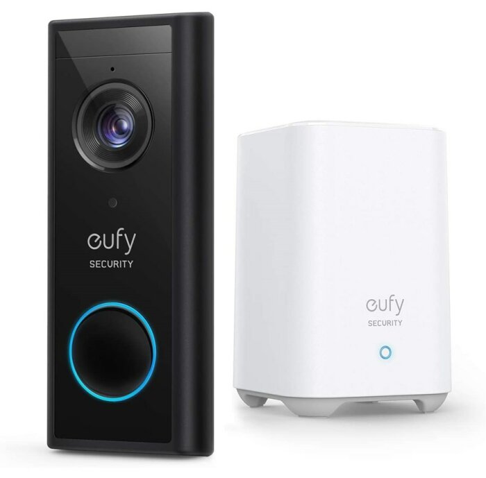 Smart dörrklocka med kamera och centralenhet. Märke: eufy. Modern hem säkerhetsutrustning.