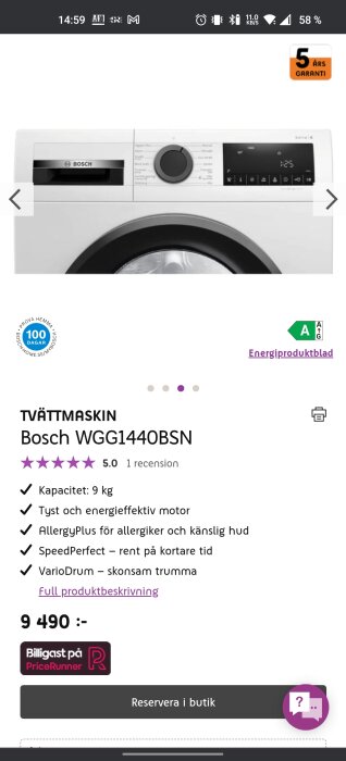 En skärmbild av en webbutik som visar en Bosch tvättmaskin med pris och funktioner noterade.