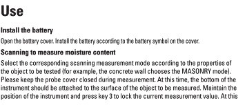 Instruktionsavsnitt med rubriken "Use" om att installera batteri och mäta fuktinnehåll.