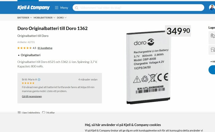 Webbsida visar Doro originalbatteri för Doro 1362, pris 349,90 SEK, kundomdömen och produktspecifikationer.