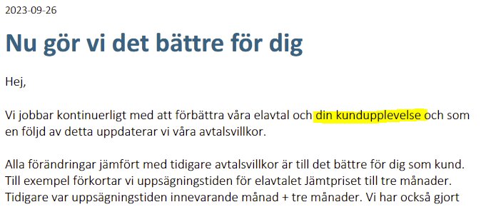 E-postmeddelande på svenska om förbättringar, kundupplevelse och uppdaterade avtalsvillkor.