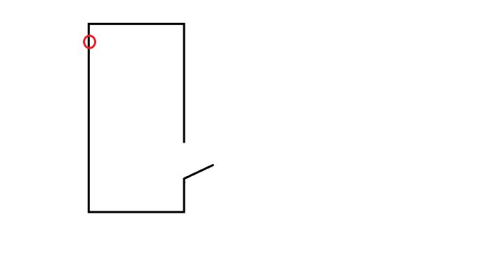 Enkelt linjediagram som representerar ett rektangulärt objekt med en markering eller punkt överst. Minimalistisk, abstrakt, tvådimensionell.