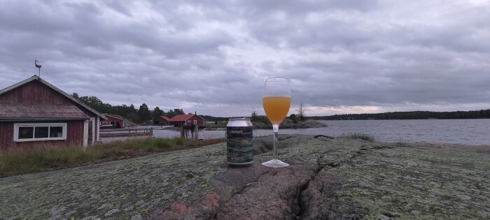 Burk och glas med dryck på klippa, molnig himmel, sjöutsikt, röda stugor i bakgrunden. Avkopplande skärgårdsmiljö.