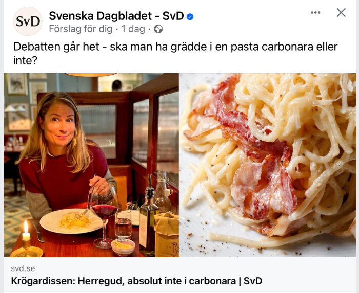 Kvinna äter pasta, diskussion om grädde i carbonara, vin och levande ljus, matbild, tidningsrubrik.