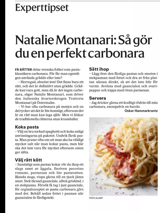 Svensk tidningsartikel med tips för att laga perfekt carbonara; innehåller text och bild av rätten.