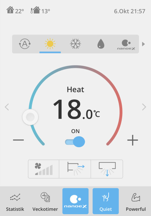 Skärm för termostatapp visar 18 grader Celsius, värme är på, funktionella knappar och ikoner, modernt gränssnitt.