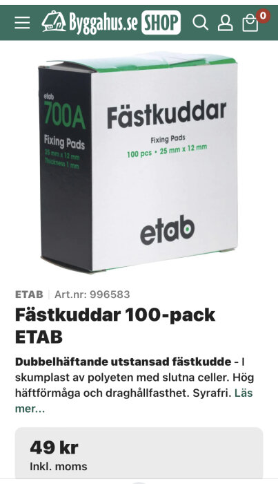 Förpackning dubbelhäftande fästkuddar, etab 700A, 100 stycken, 25x12 mm, onlinebutik, pris angivet.