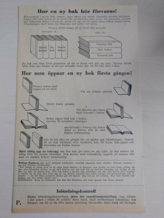 Instruktioner för förvaring och öppning av en ny bok med illustrerade steg.