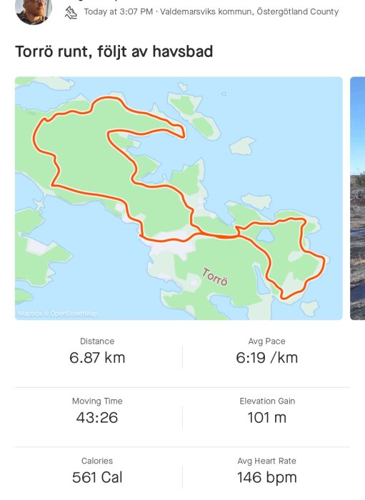 Karta visar löprunda på 6.87 km runt Törnö, snitthastighet 6:19/km, 561 kalorier brända, 146 bpm puls.