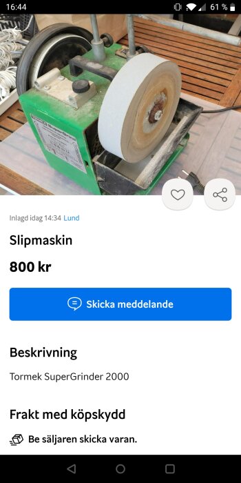 Annonsskärmdump av en begagnad Tormek SuperGrinder 2000 slipmaskin för 800 kronor.