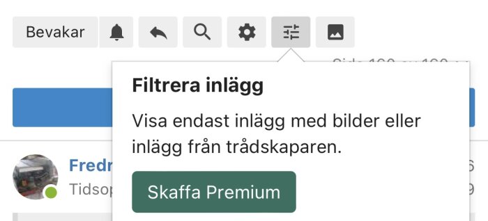 Skärmdump av en webbplats, premium-erbjudande, filtreringsalternativ för inlägg, användargränssnitt.